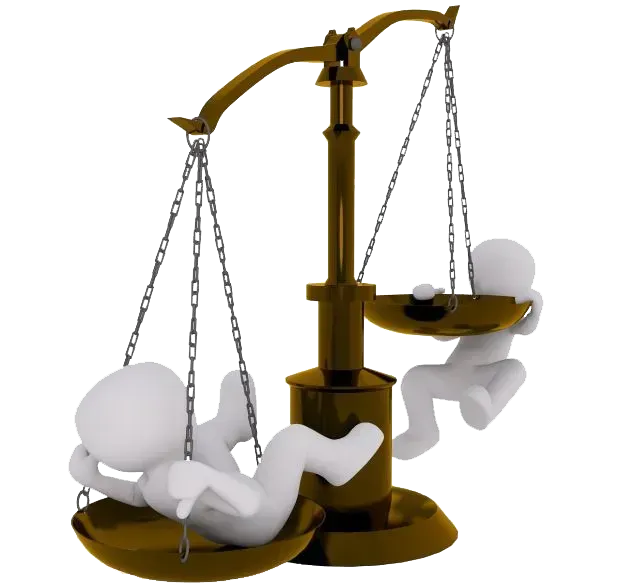 Männchen sitzen und hängen an Waagschalen